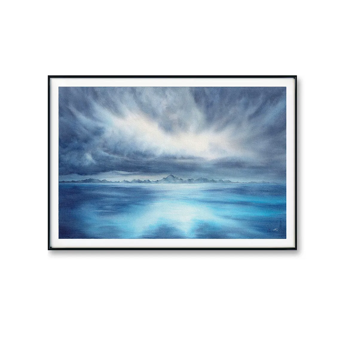 "Where Storm Meets Light" fine art print of a stormy sea watercolor painting shown in a simple frame. This blue ocean wall art features deep waves and radiant sky, highlighting the dramatic seascape with elegant, contemporary presentation for marine-inspired decor.