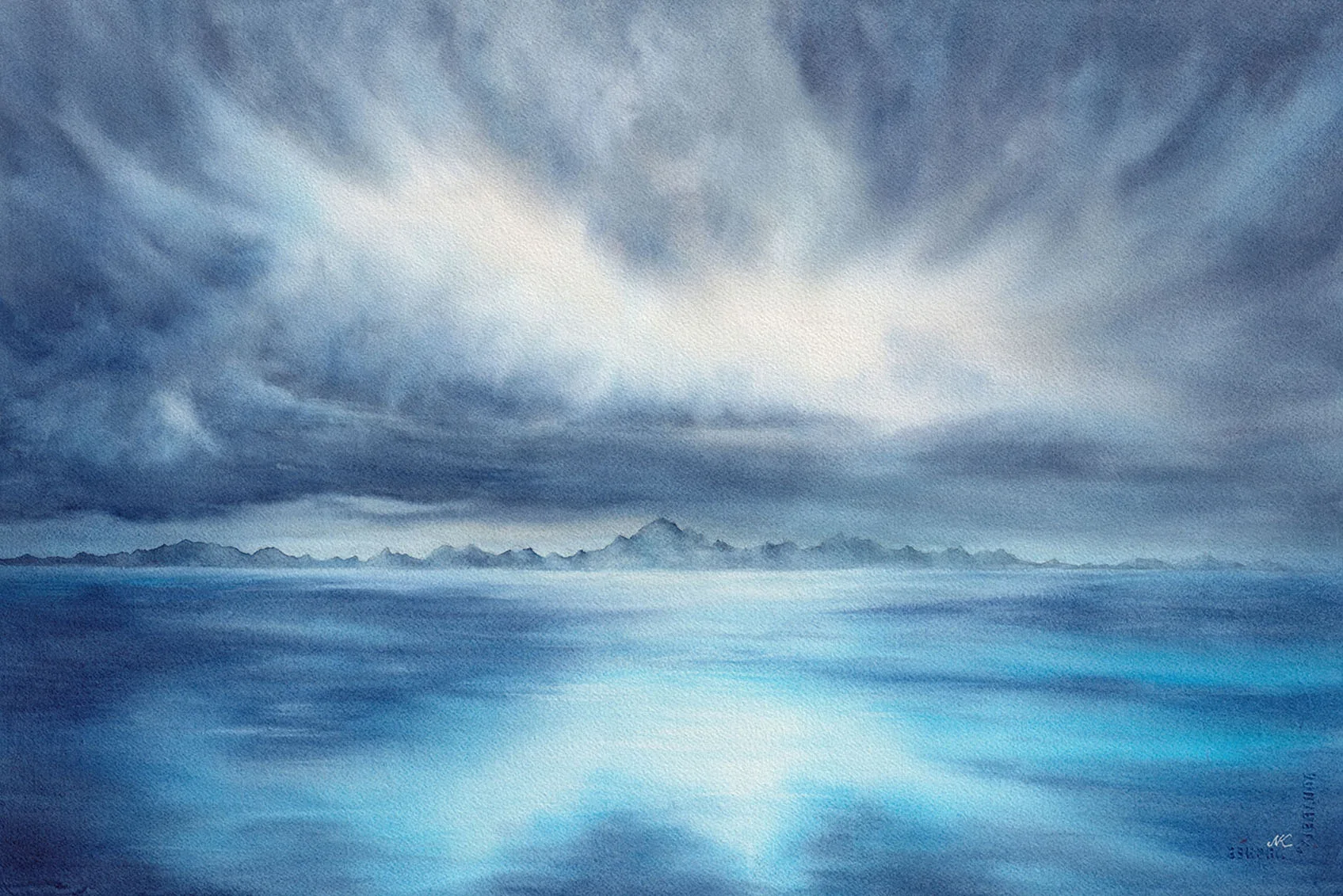 "Where Storm Meets Light" original watercolor painting depicting a stormy blue ocean with waves and golden light breaking through clouds. A dramatic and atmospheric seascape artwork in marine tones, capturing the contrast of nature’s power and serenity.