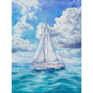 Blue Voyage original watercolor painting of a sailboat on calm ocean with summer clouds, tranquil nautical seascape wall art for beach home decor