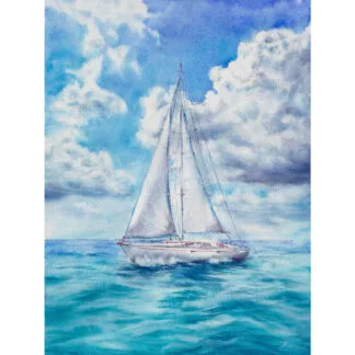 Blue Voyage original watercolor painting of a sailboat on calm ocean with summer clouds, tranquil nautical seascape wall art for beach home decor