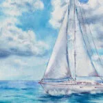 Close-up of blue ocean waves and white sail, original nautical watercolor painting for beach-inspired interiors