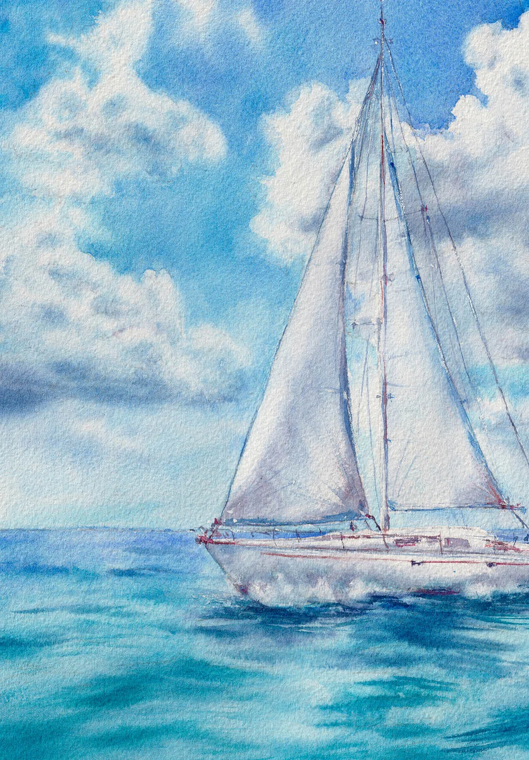 Close-up of blue ocean waves and white sail, original nautical watercolor painting for beach-inspired interiors