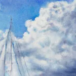 Detail of sailboat watercolor painting showing soft clouds and tranquil sea, peaceful ocean-themed artwork