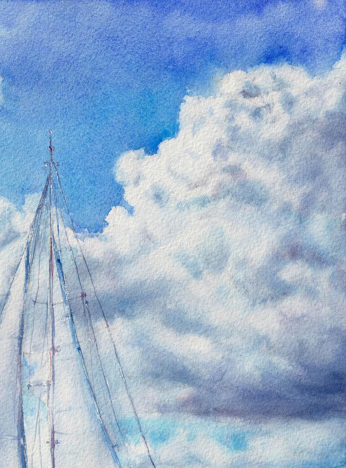Detail of sailboat watercolor painting showing soft clouds and tranquil sea, peaceful ocean-themed artwork