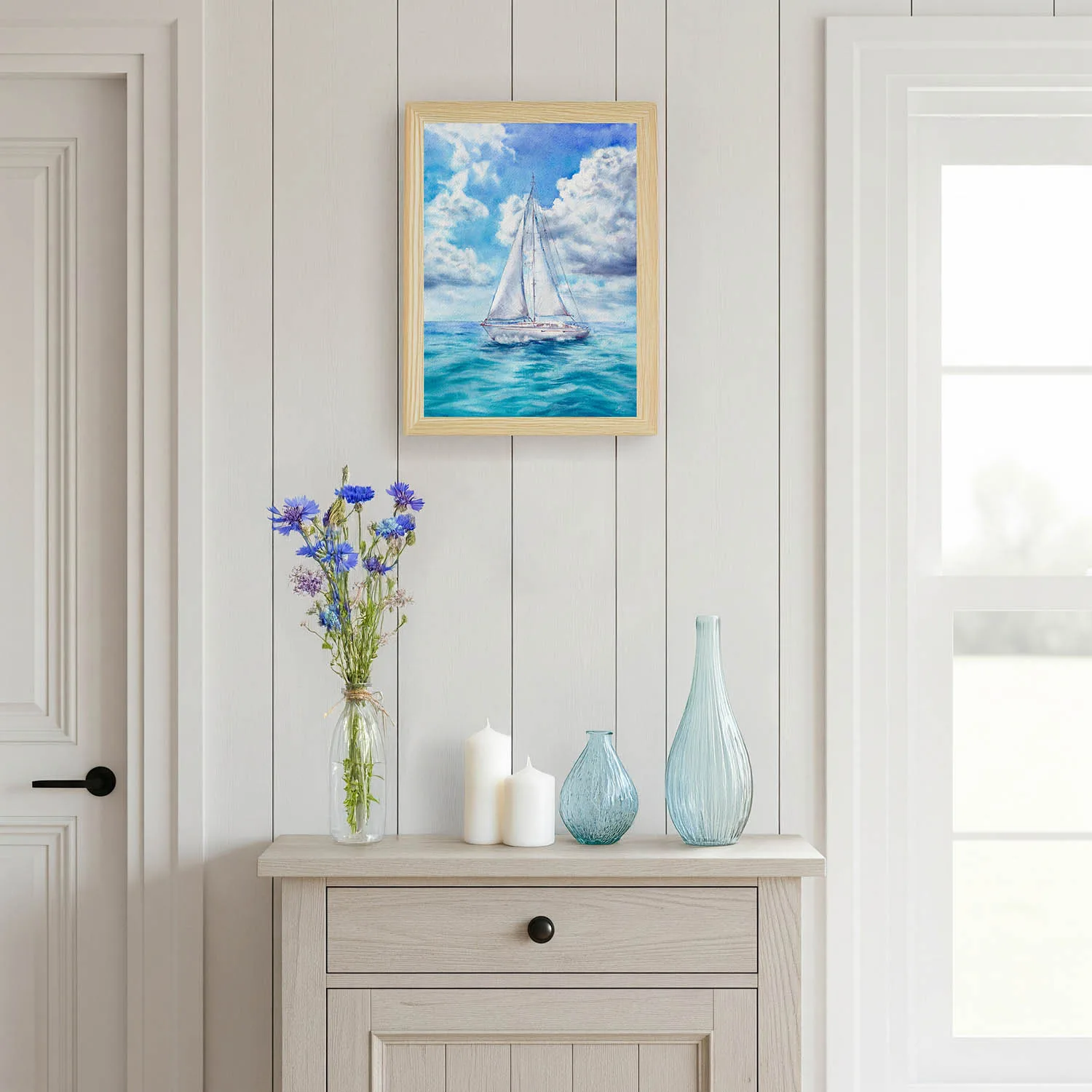 Sailboat watercolor wall art in coastal living room with natural light, peaceful sea painting for home interiors