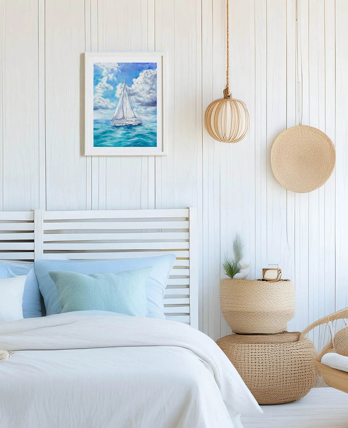 Blue Voyage watercolor sailboat painting in serene coastal bedroom, calming ocean wall art with summer sky and sea