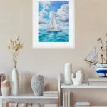 Framed sailboat painting in seaside-inspired living room, nautical watercolor artwork with clouds and ocean