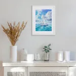 Original seascape painting of calm ocean and sailboat in modern coastal living room, perfect beach house decor