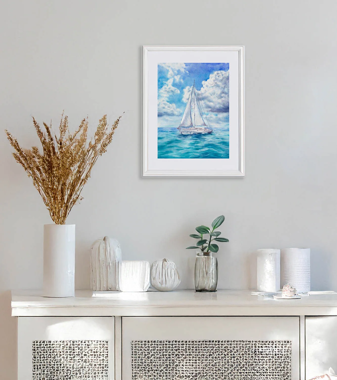 Original seascape painting of calm ocean and sailboat in modern coastal living room, perfect beach house decor
