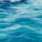 Artist’s signature on Blue Voyage watercolor painting, original seascape art with sailboat and soft sky