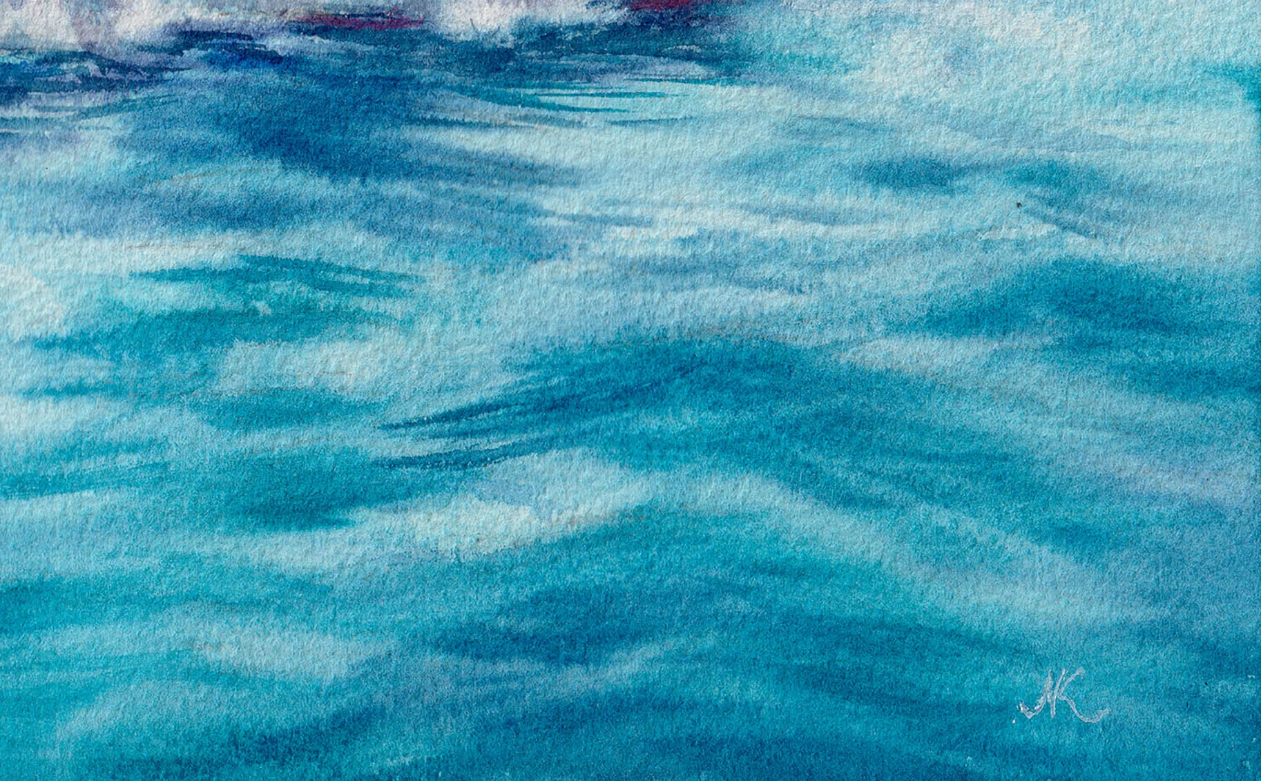 Artist’s signature on Blue Voyage watercolor painting, original seascape art with sailboat and soft sky