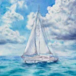 Original watercolor painting of a sailboat on calm blue ocean under a cloudy summer sky, nautical wall art for coastal home decor