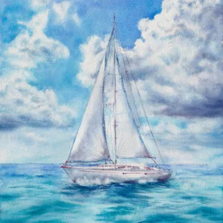 Original watercolor painting of a sailboat on calm blue ocean under a cloudy summer sky, nautical wall art for coastal home decor