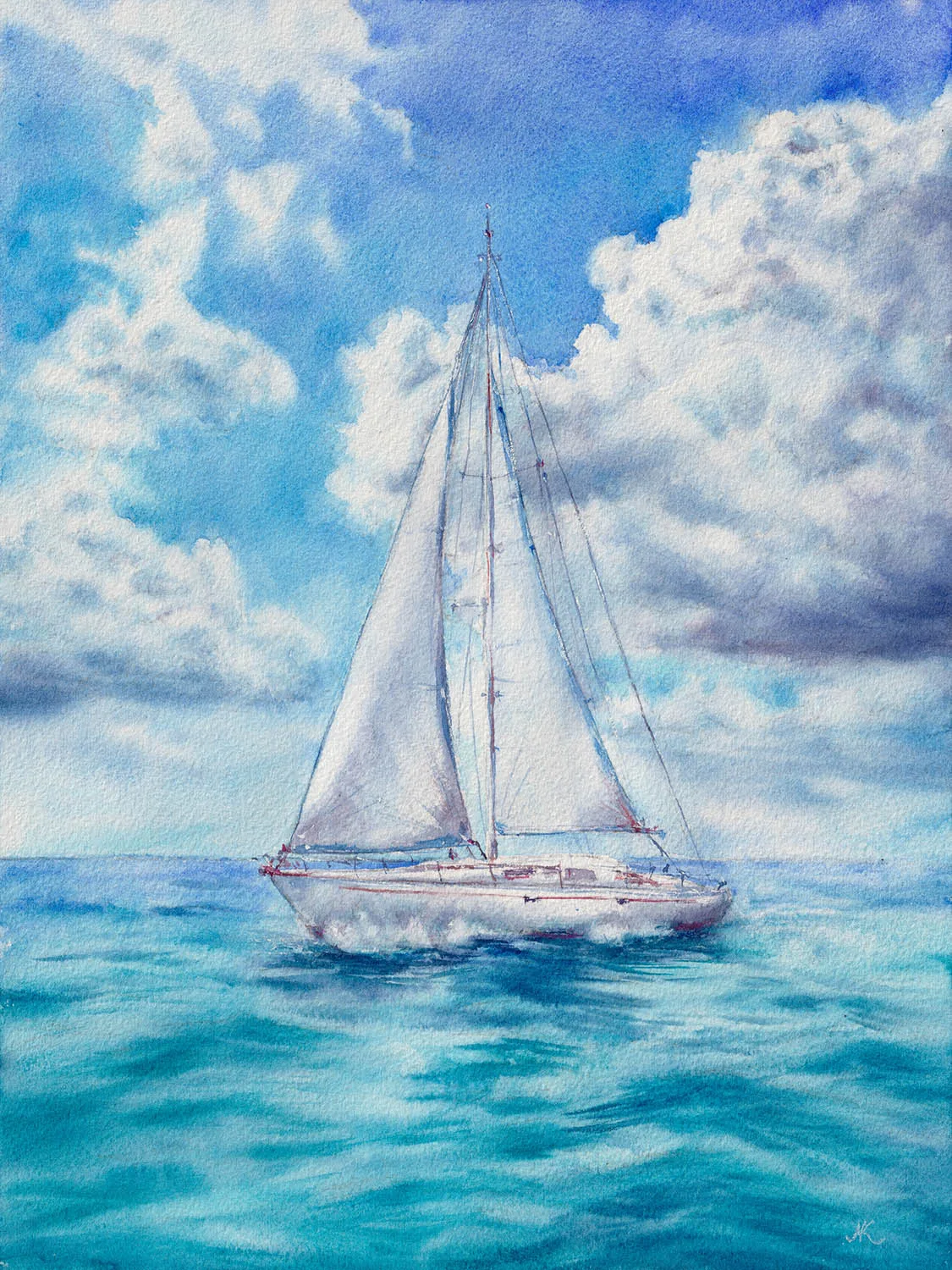 Original watercolor painting of a sailboat on calm blue ocean under a cloudy summer sky, nautical wall art for coastal home decor