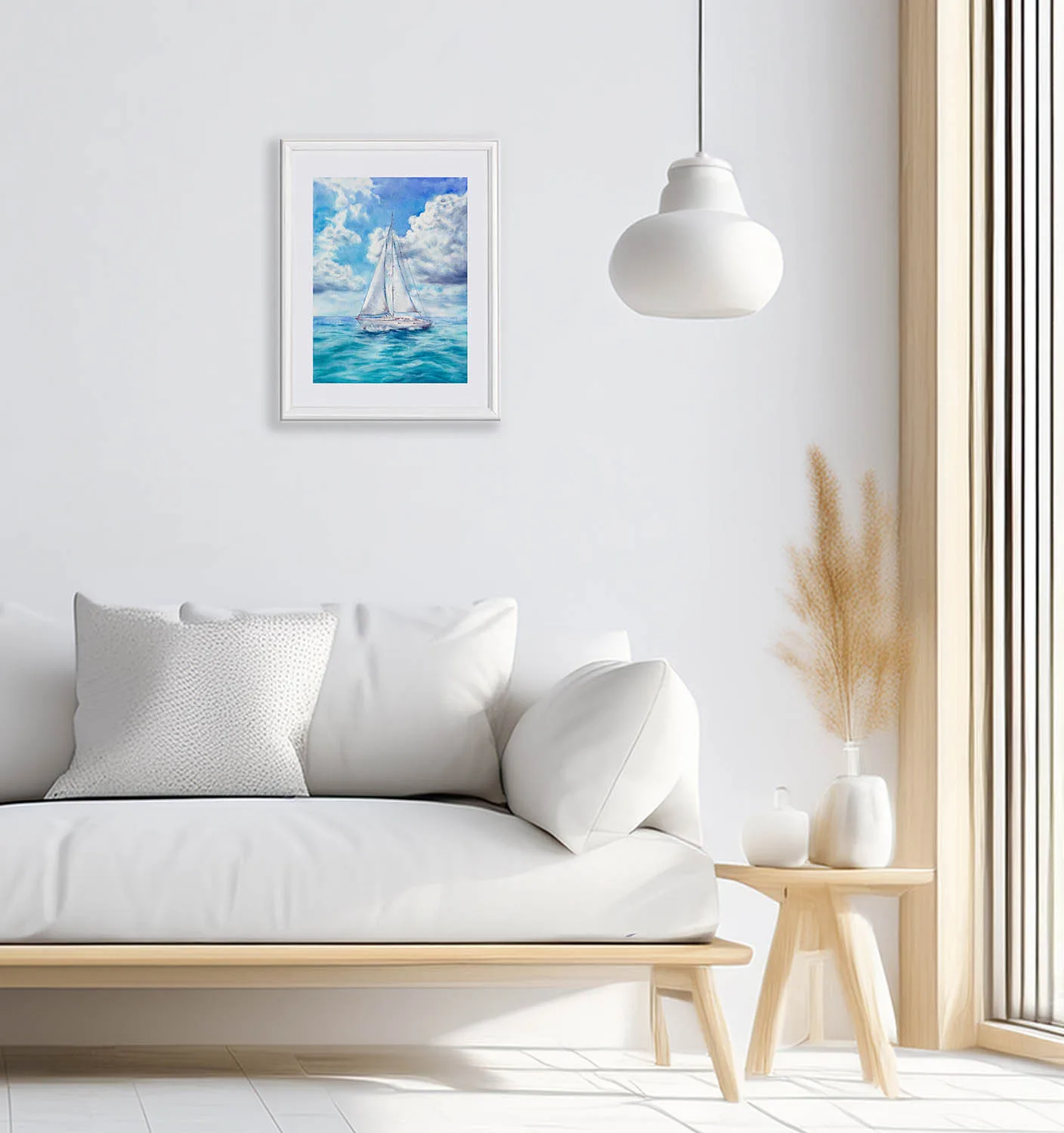 Blue Voyage sailboat watercolor painting above sofa in bright coastal living room, nautical wall art for ocean lovers