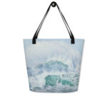 Fresh Breath of the Ocean beach bag with ocean wave watercolor design, coastal art tote for beach day, summer fashion accessory with sea-inspired artwork