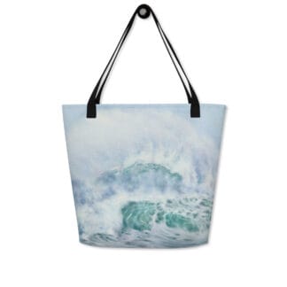 Fresh Breath of the Ocean beach bag with ocean wave watercolor design, coastal art tote for beach day, summer fashion accessory with sea-inspired artwork
