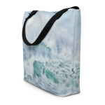 Watercolor art beach bag with gentle wave design, light blue ocean print tote, perfect for summer travel and beach days