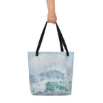 Ocean-inspired tote bag featuring watercolor painting Fresh Breath of the Ocean, beach bag with soft turquoise wave art by Kateryna Nazarenko