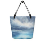 Large coastal beach tote bag with blue ocean and cloudy sky watercolor design