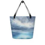 Large coastal beach tote bag with blue ocean and cloudy sky watercolor design