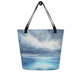 Large coastal beach tote bag with blue ocean and cloudy sky watercolor design