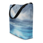 All-over print tote bag featuring calm blue sea and light breaking through clouds