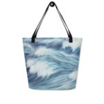 Coastal beach tote bag with watercolor blue ocean waves print
