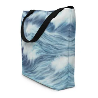 All-over print tote bag featuring ocean wave art in soft blue tones
