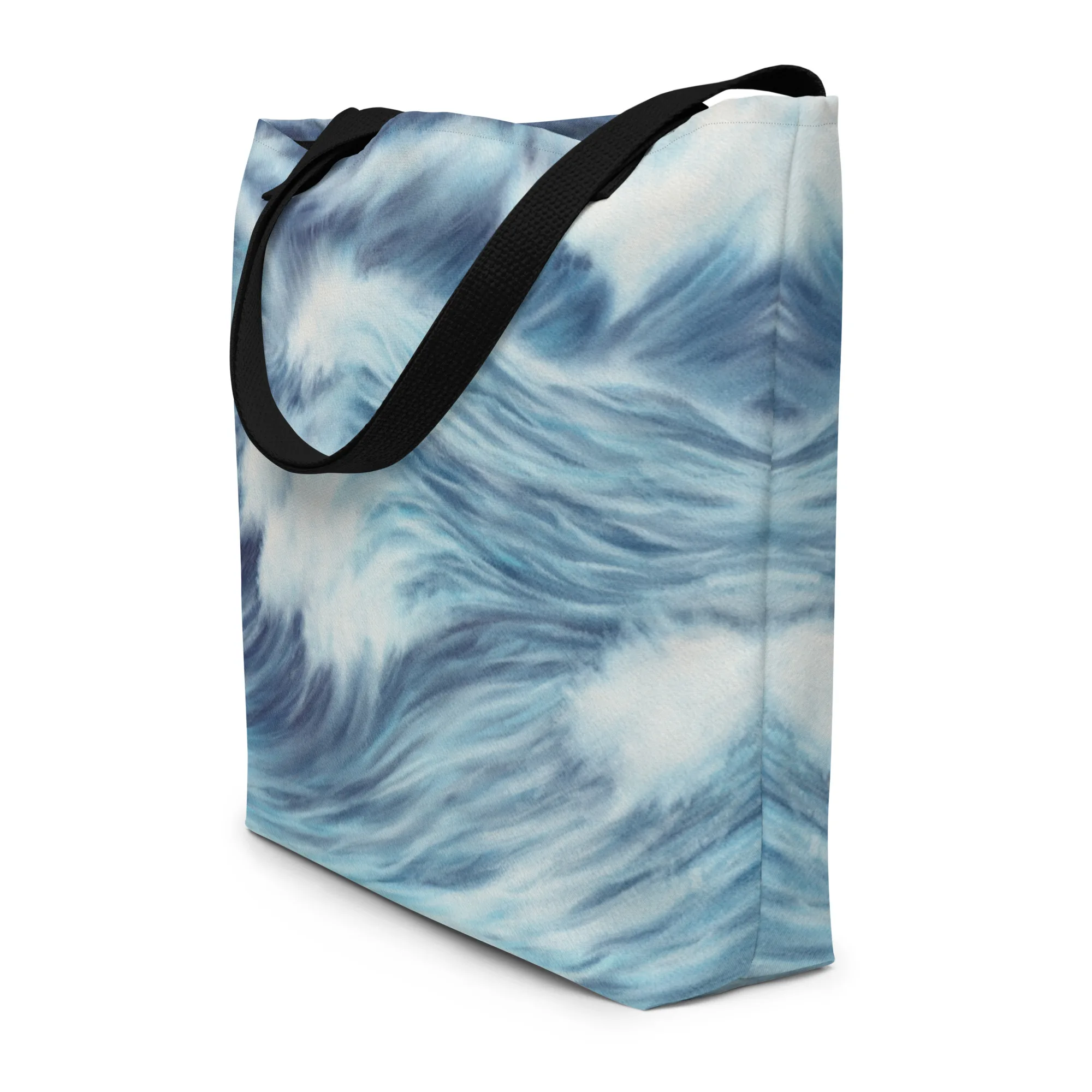 All-over print tote bag featuring ocean wave art in soft blue tones