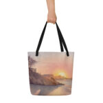 Large all-over print beach tote with sunset design
