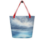 Artistic summer tote bag with nature-inspired ocean and sky painting