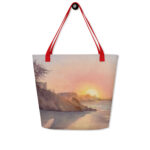 Coastal beach bag with sunset over the sea painting