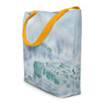 Beach tote bag with turquoise ocean wave watercolor print by Kateryna Nazarenko, displayed on a white background.