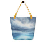 Watercolor ocean scene large beach bag with soft blue tones and reflective water