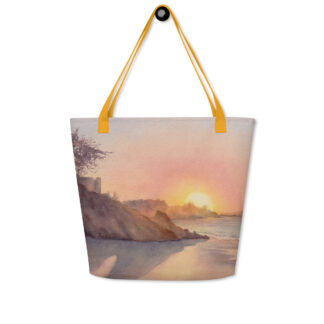 Beach tote bag with watercolor painting of ocean sunset