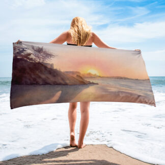 Beach towel with watercolor painting of ocean sunset