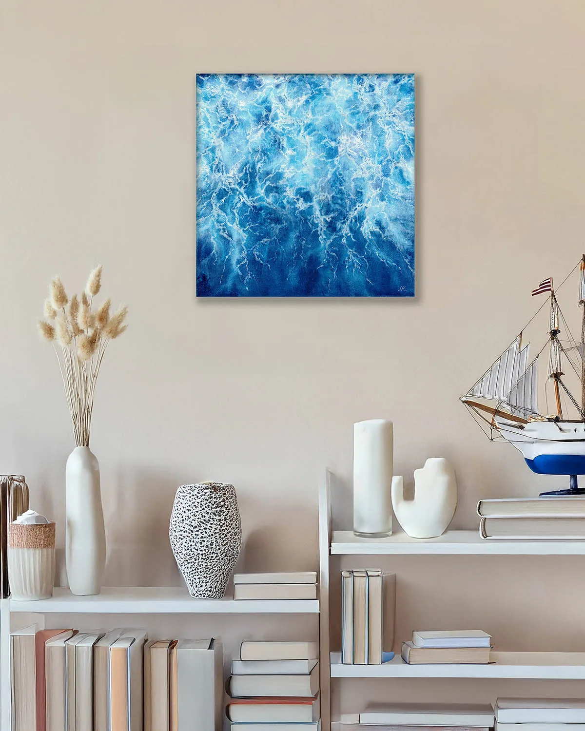 "Liquid Energy" abstract watercolor of ocean waves placed in coastal living room decor, bringing marine color palette and sea-inspired motion to the interior.