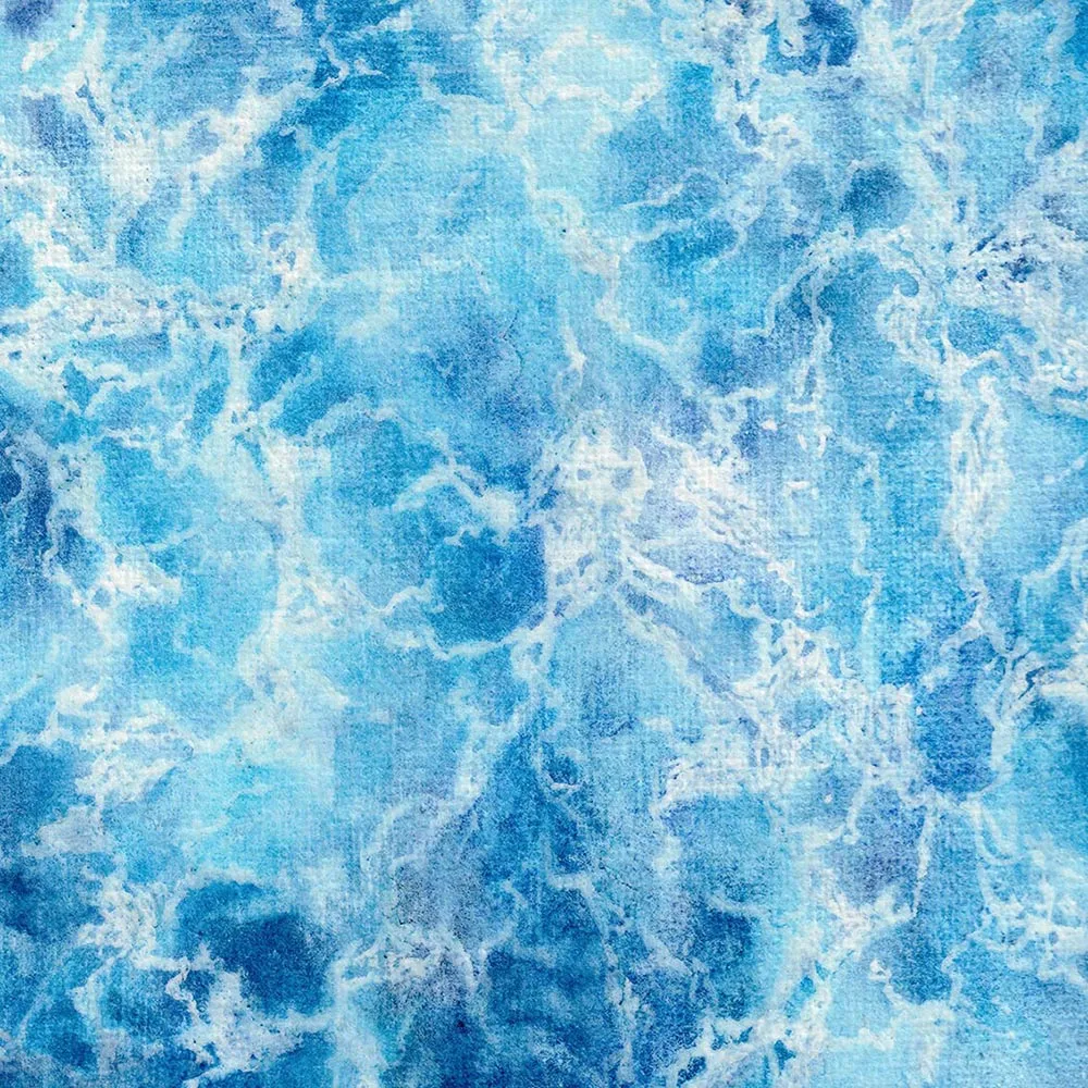 Close-up of Liquid Energy abstract seascape watercolor, showing swirling blue tones and transparent layers that reflect ocean currents and fluid movement.