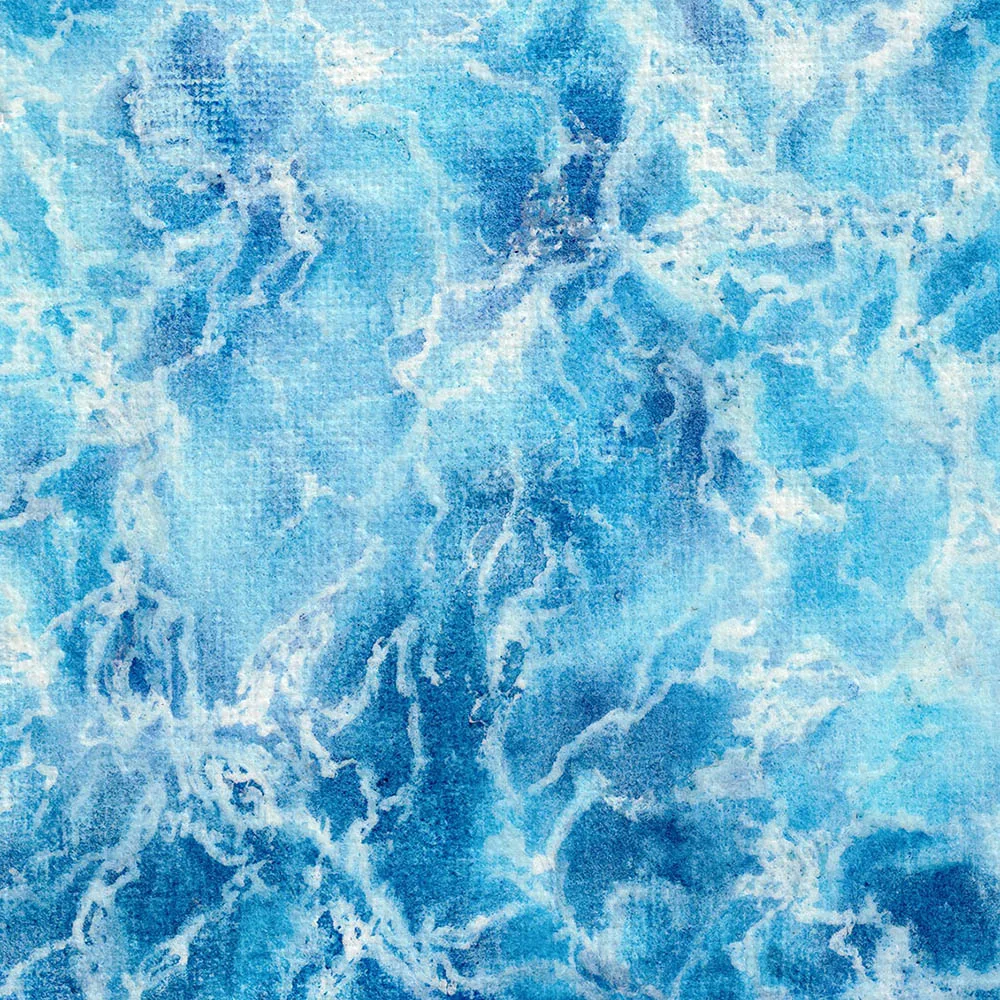 Detail view of vibrant ocean-inspired watercolor artwork, highlighting expressive brushwork, soft gradients, and energy of flowing water.