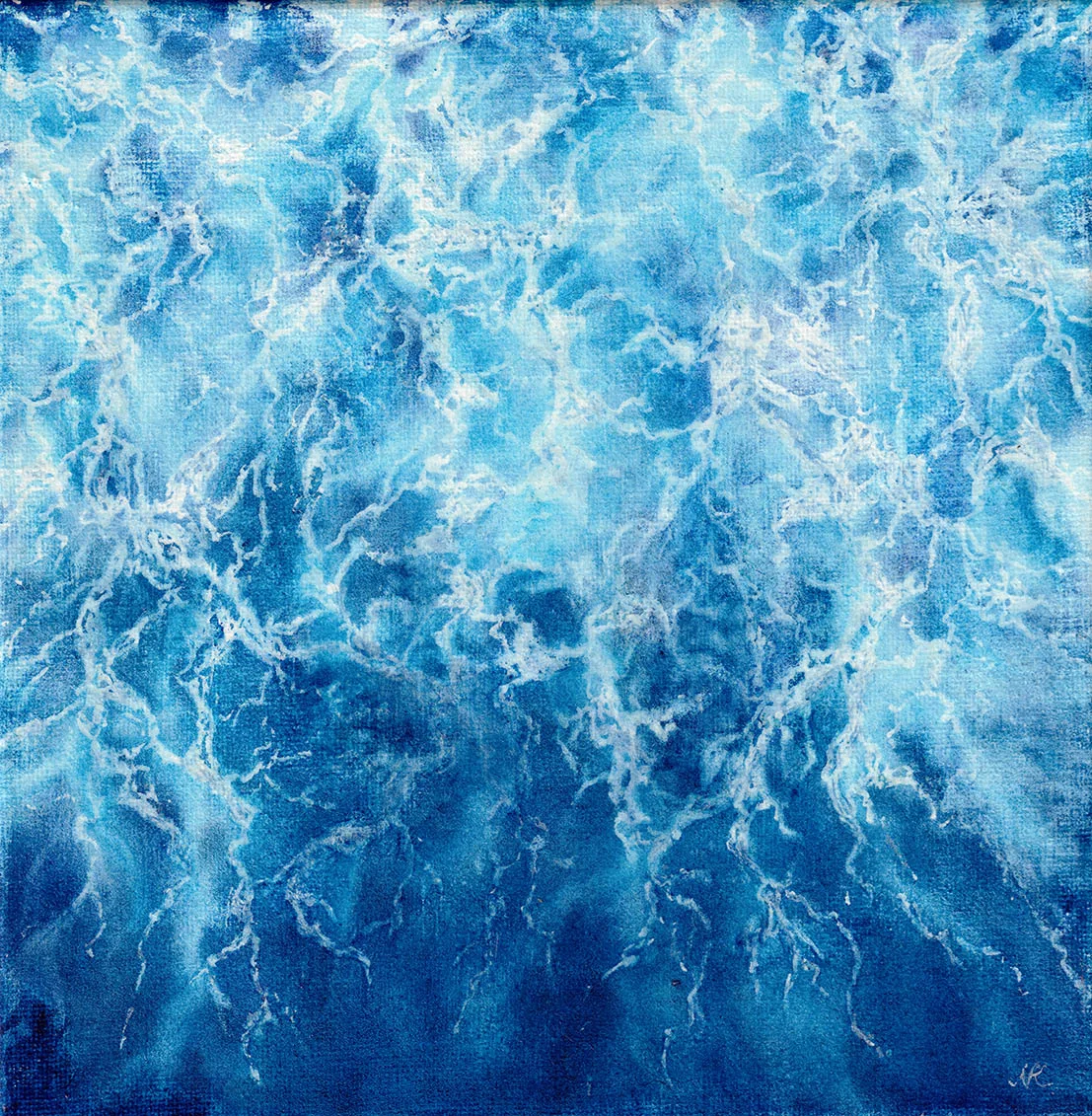 Liquid Energy – an abstract blue ocean watercolor painting on canvas featuring swirling sea waves, dynamic water movement, and foamy textures in deep blue tones, perfect for modern coastal interiors.