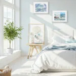 Stormy Tide Rush print in a white beach-style bedroom with ocean-inspired decor