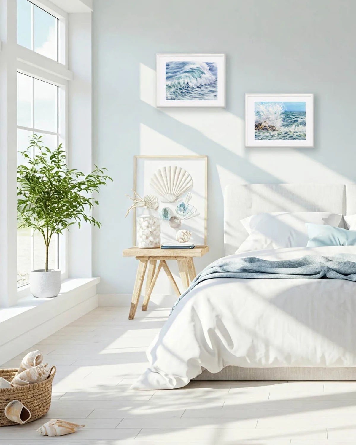 Stormy Tide Rush print in a white beach-style bedroom with ocean-inspired decor