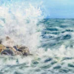 Stormy Tide Rush ocean watercolor fine art print with crashing waves and sea spray in blue and green tones