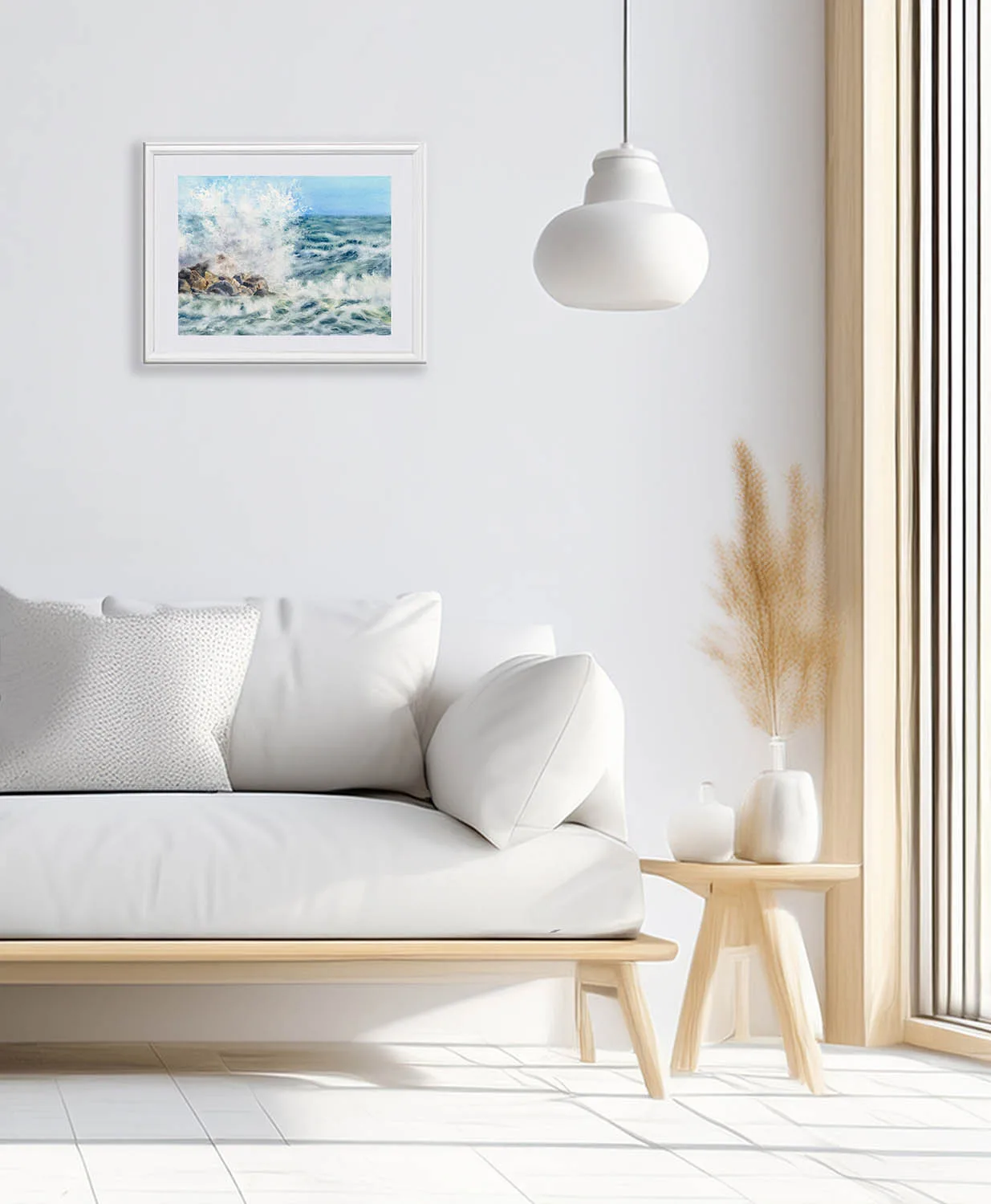 Fine art print Stormy Tide Rush displayed in a modern coastal living room above sofa