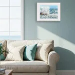 Stormy Tide Rush fine art print in a bright coastal living room above the sofa with sea-inspired interior design