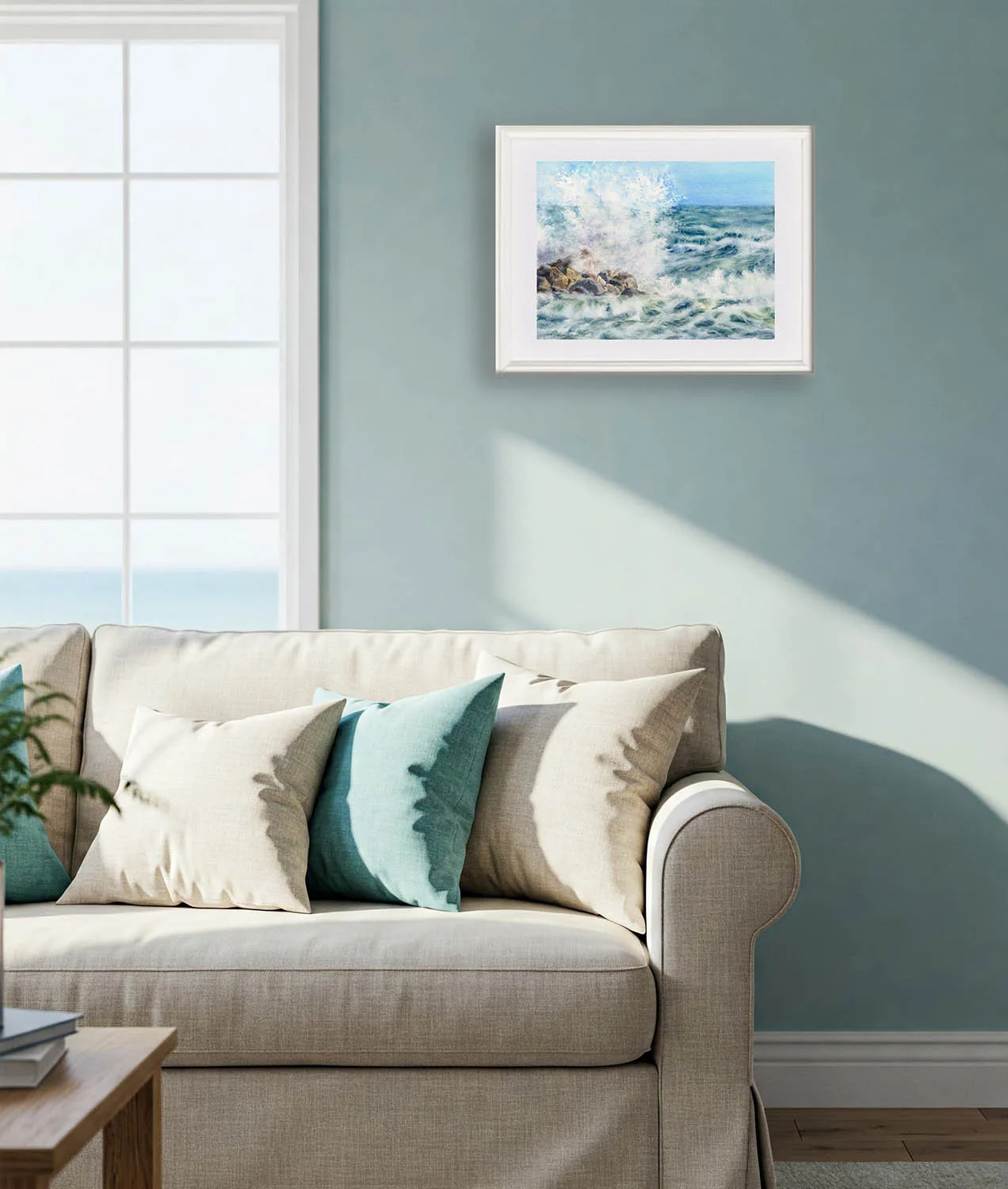 Stormy Tide Rush fine art print in a bright coastal living room above the sofa with sea-inspired interior design