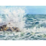 Stormy Tide Rush watercolor painting of crashing ocean waves, stormy sea spray, dramatic coastal seascape in blue and white, ocean wall art print for coastal home decor