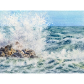 Stormy Tide Rush watercolor painting of crashing ocean waves, stormy sea spray, dramatic coastal seascape in blue and white, ocean wall art print for coastal home decor