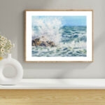 Stormy Tide Rush ocean watercolor print displayed on a wall with natural lighting
